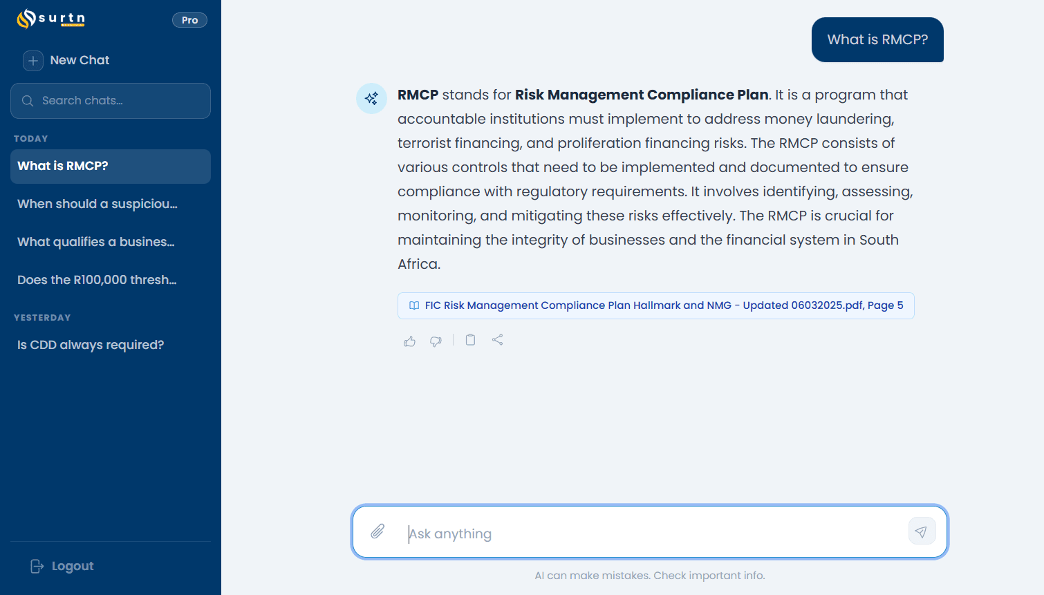 Surtn Compliance Assistant interface